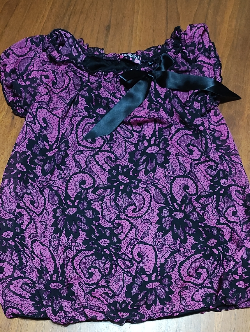 Tempted Girls, Purple W/Black Lace Print Bubble-waist Top Satin Bow, Size 6 EUC